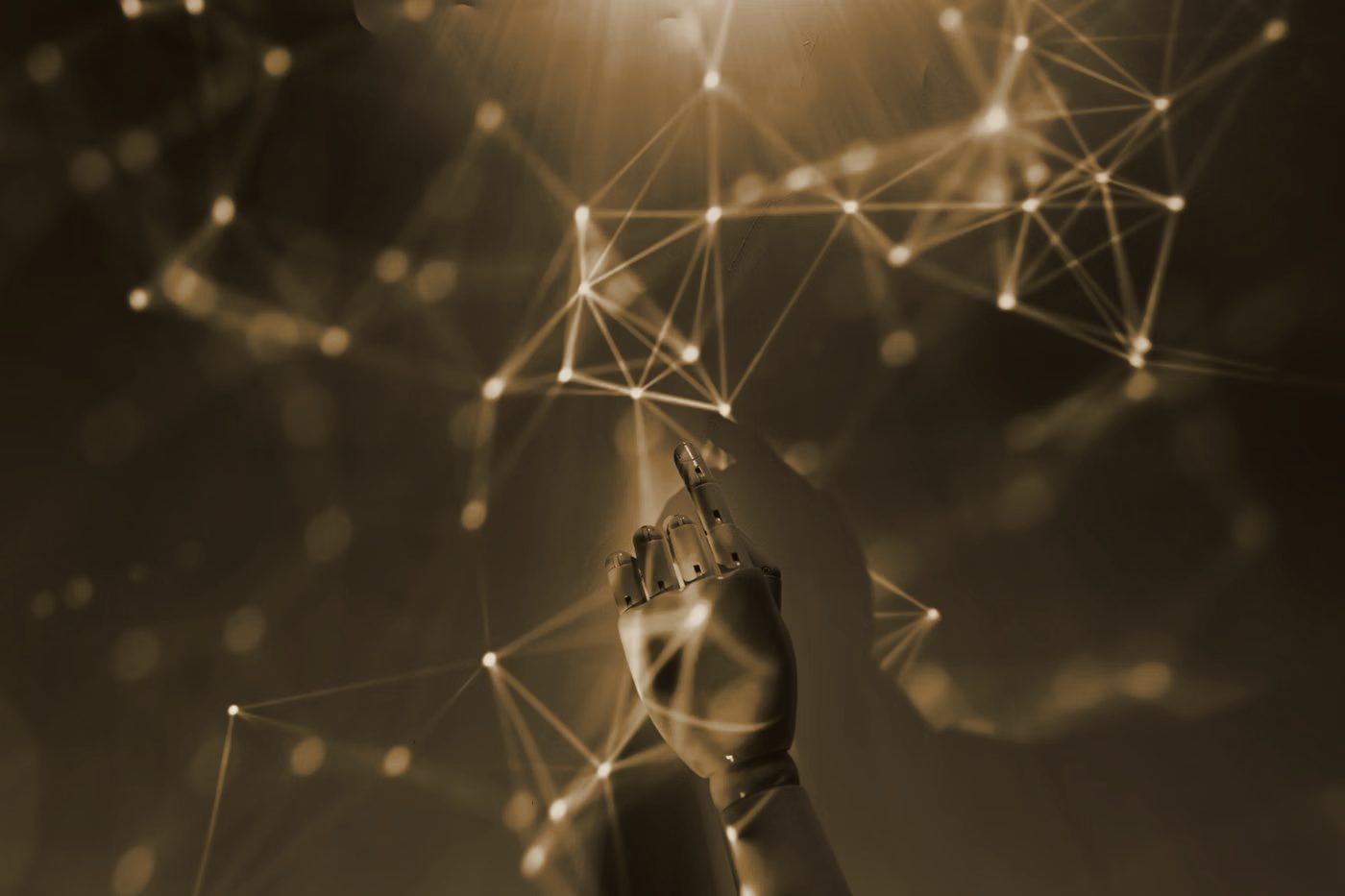 An abstract render of a robotic hand reaching into a network of connected nodes
